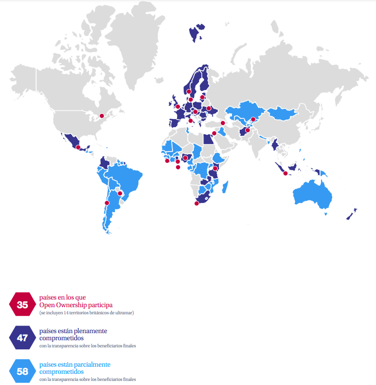 Figura 1. El mapa muestra los países comprometidos con la transparencia sobre los beneficiarios finales y en cuáles de ellos participa OO