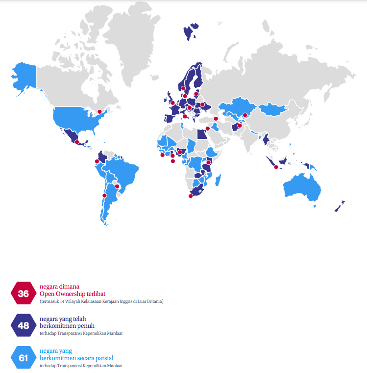 Gambar 1. Peta yang menunjukkan negara-negara yang telah berkomitmen terhadap transparansi kepemilikan manfaat (BOT) dan lokasi dimana OO terlibat