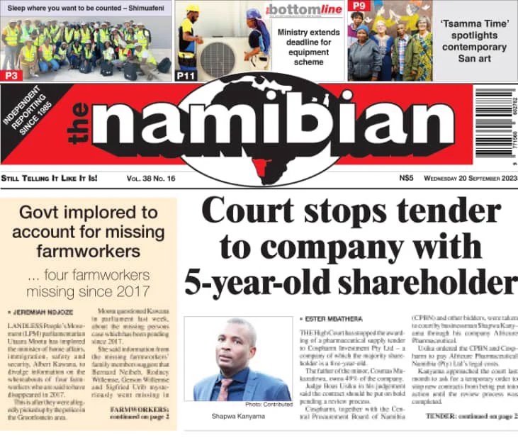The Namibian: Court stops tender to company with 5-year-old shareholder