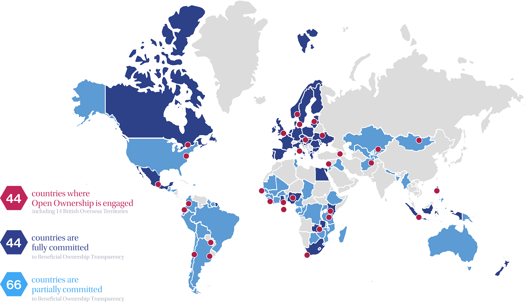 World map of beneficial ownership transparency commitments and where Open Ownership is engaged