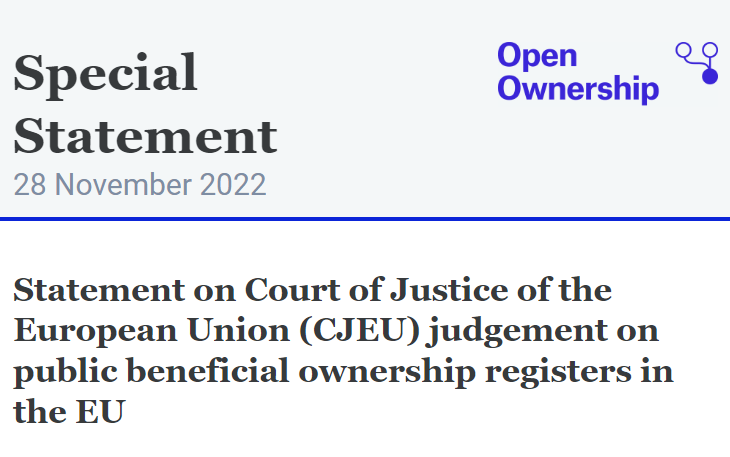 Statement on Court of Justice of the European Union (CJEU) judgement on public beneficial ownership registers in the EU